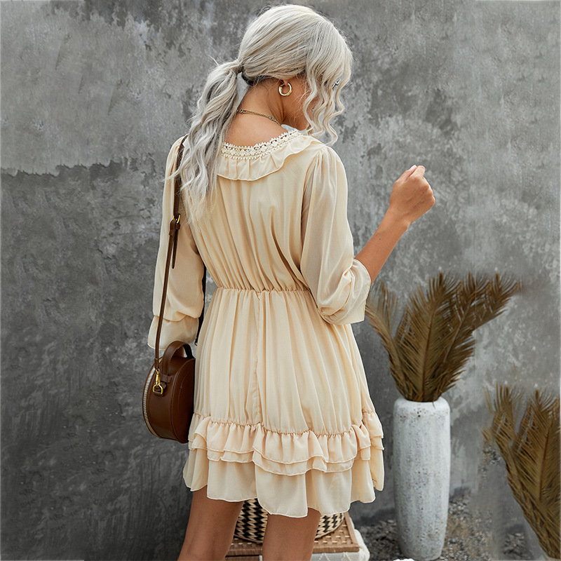 时颖欧美雪纺连衣裙2022夏新款亚马逊纯色蕾丝拼接v领荷叶边短裙