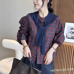 2025秋新款配披肩格子长袖两件套衬衫女休闲宽松显瘦短款衬衣上衣