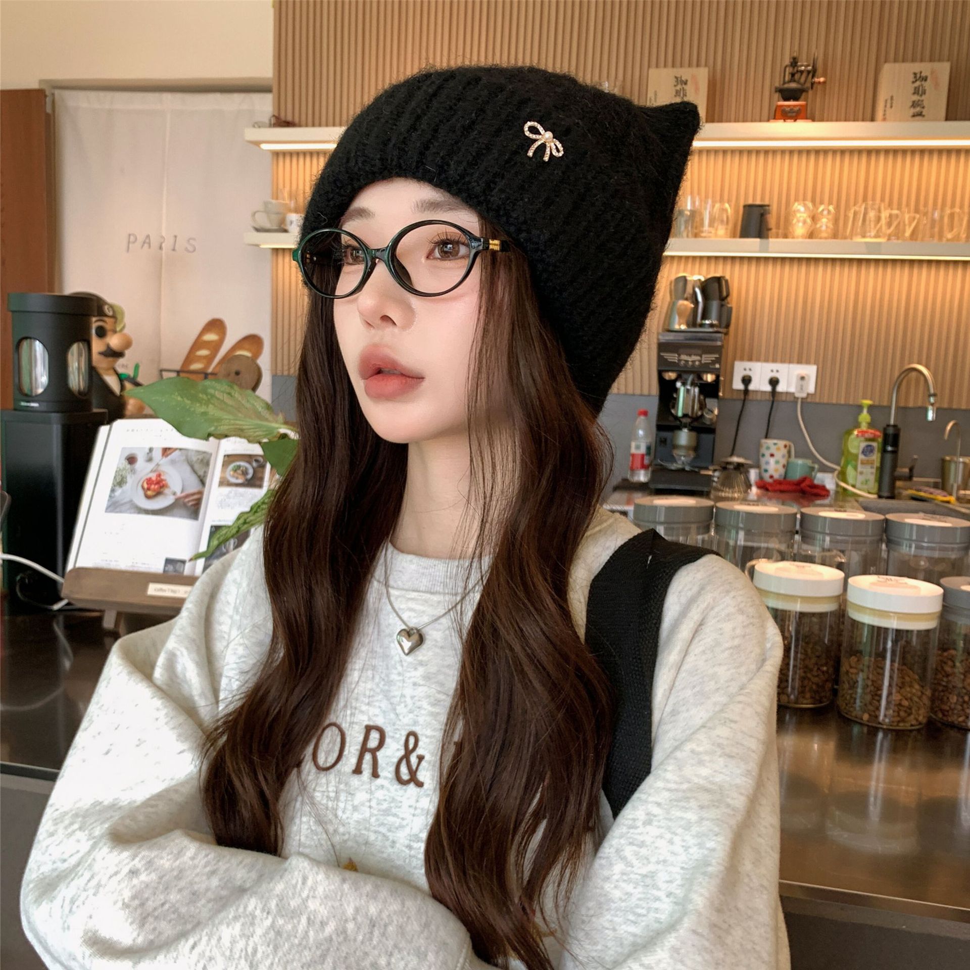 V标翻边可爱针织帽双角提花帽子韩版时尚典雅装饰帽子纯色毛线帽