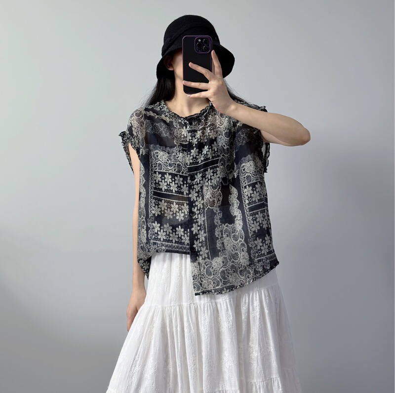 Tencel Linen Printed Flutter Sleeve Shirt 2026 Summer New Style Lace Collar Blouse Casual Top Women's Clothing 1116