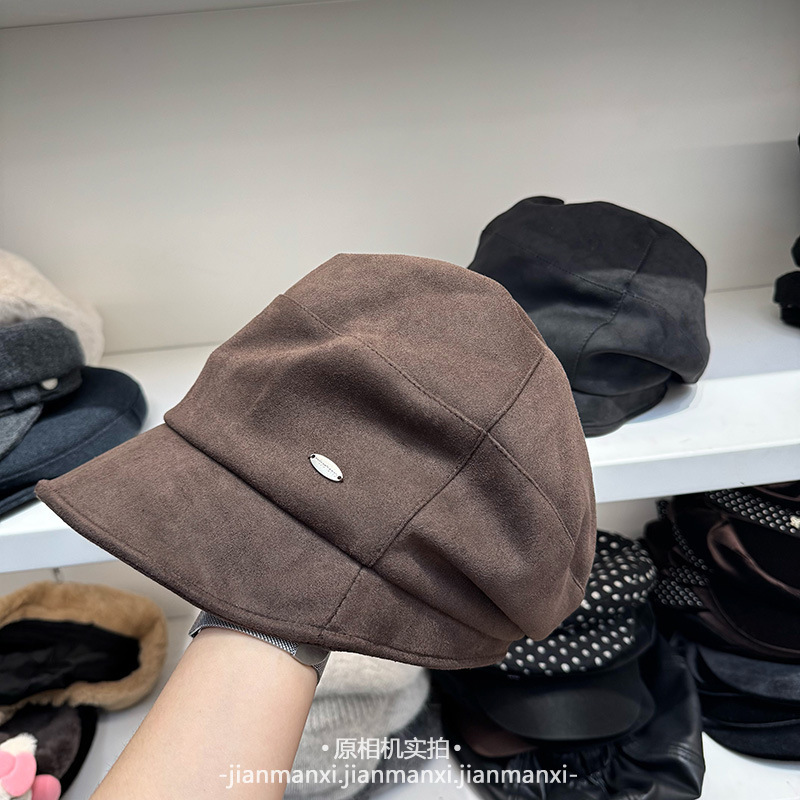日系复古麂皮绒堆堆帽女秋冬新款显脸小画家帽百搭黑色报童帽批发|undefined