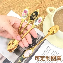 304ステンレス鋼フォークスプーン食器クラウンセラミック柄スプーン家庭用調理スプーンコーヒー攪拌スプーンフォークスプーン