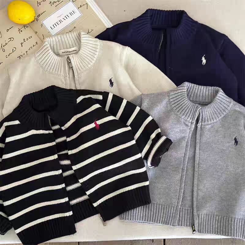 Children's Sweater 2025 Spring and Autumn Boys Stand Collar Zipper Knitted Cardigan Baby Children's Autumn Striped Jacket Children's Clothing