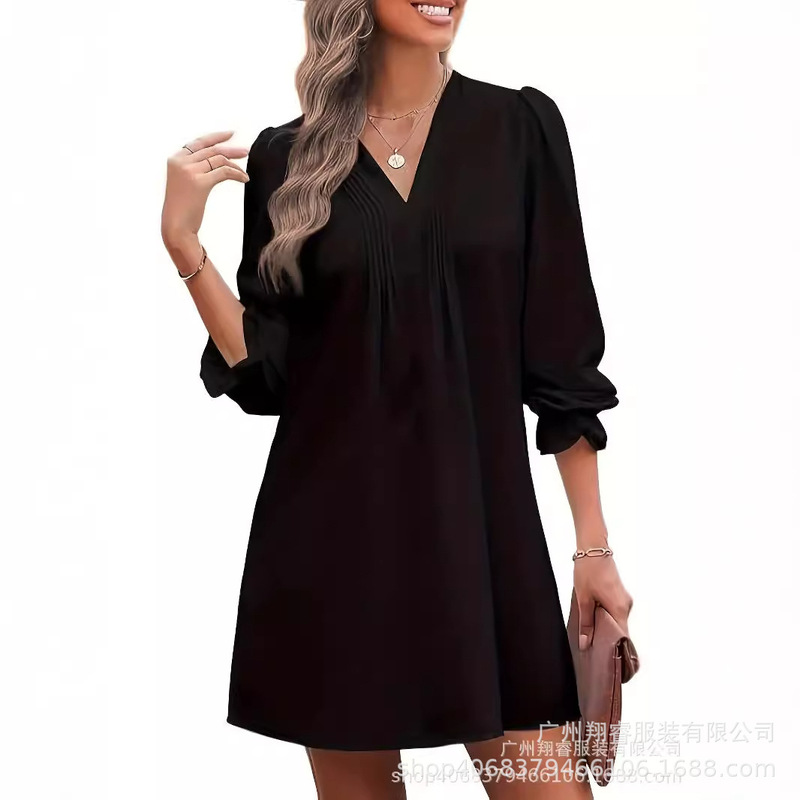 Amazon Cross-Border 2025 Fashion New Ruffled Sleeve V Neck Pleated Elegant Loose Shirt Pure Color Dress