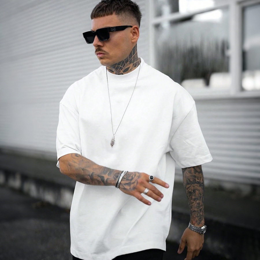 Sommerlicher Retro-Chic Herren-Pullover, schweres Kurzarm-Oberteil, lässiger Streetstyle mit überschnittenen Schultern, lockere Passform_voghion.com
