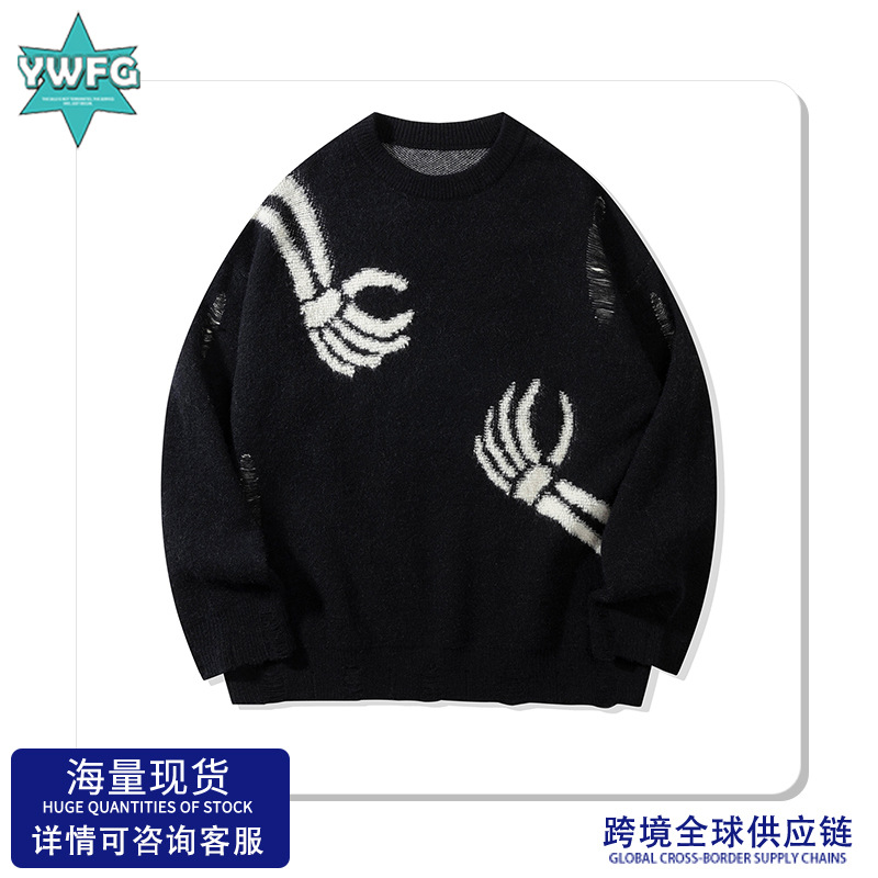 YWFG original retro americano esqueleto 2024 Año Nuevo otoño pareja alta versátil cuello redondo manga larga jersey image 1