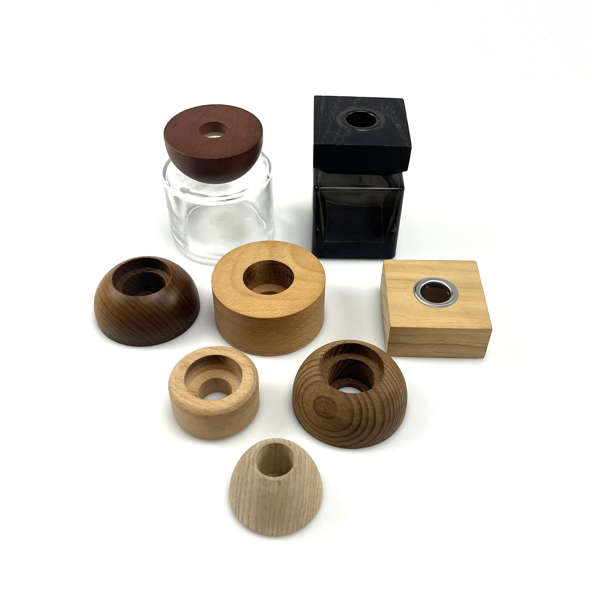 Tapa de perfume de madera maciza, tapa esférica hueca irregular, difusor de incienso sin llama, tapa de botella de 28 y 20 hilos, botella de vidrio, madera.