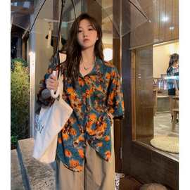 痞帅情侣花衬衫女复古港味BF风vintage宽松夏威夷沙滩海滩衬衣潮