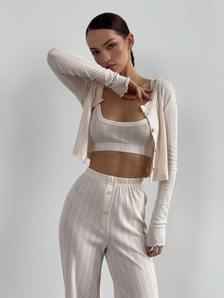 Bộ đồ ngủ nữ 3 món áo cardigan dài tay quần dài họa tiết jacquard — Màu be, Màu hồng chi tiết 85