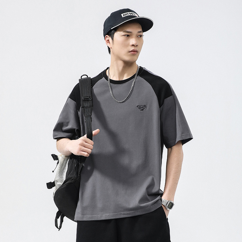 Men's summer new product splicing round neck short sleeved T-shirt men's loose color matching top_voghion.com