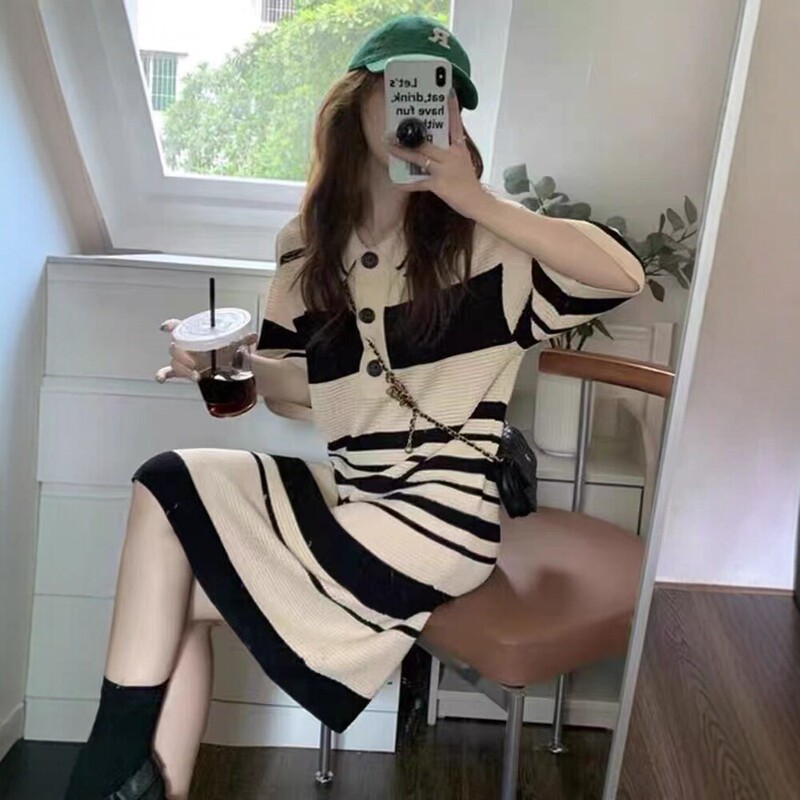 French Polo Collar Stripesd Knitted Dress for Women 2026 New High-End Retro Loose Short-Sleeved T-Shirt Dress French Polo Collar Stripesd Knitted Dress for Women 2026 New High-End Retro Loose Short-Sleeved T-Shirt Dress
