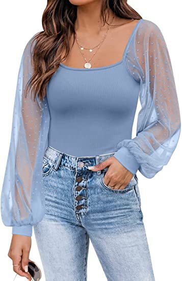 Top de Verano 2025 para Mujer, Estilo Europeo y Americano, Transparente, con Mangas Farol, Diseño de Parches, Ajustado