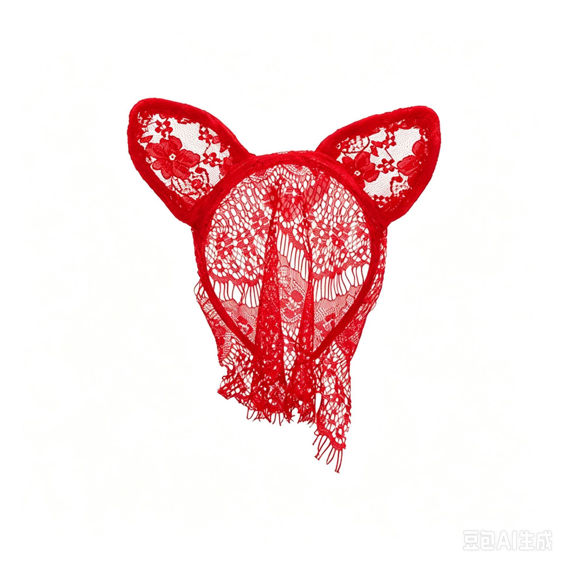 Lace Cat Ear Headband with Semi-Face Eye Mask and Mesh Face Cover, Red — detail image 5