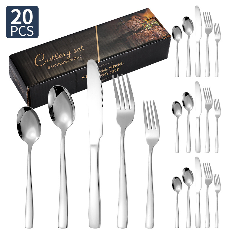 Transfronterizo Amazon cubiertos de acero inoxidable de mango cuadrado 20 / 24 / 30 piezas set cuchillo de filete de comida occidental tenedor cuchara set box