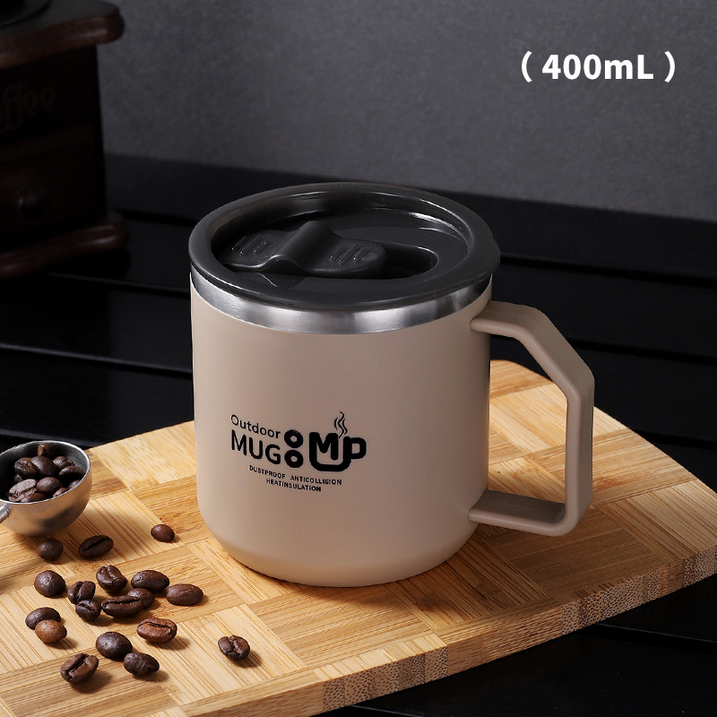304 스테인리스 이중 머그컵 400ml 뚜껑 손잡이 사무실 커피잔