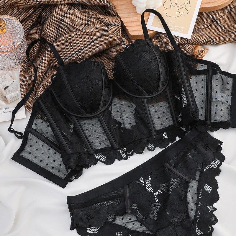 French Sexy Mesh Hollow Vest Style Body Shaping Half Cup Underwired Bra Push-Up Underwear Set for Women