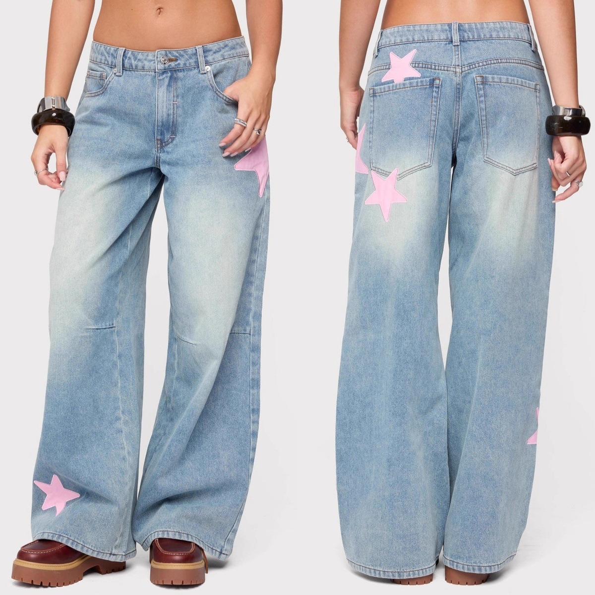 2026 New Hot-Selling Cross-Border Foreign Trade Amazon European and American High-Waisted Star Patch Embroidered Wide-Leg Jeans for Women