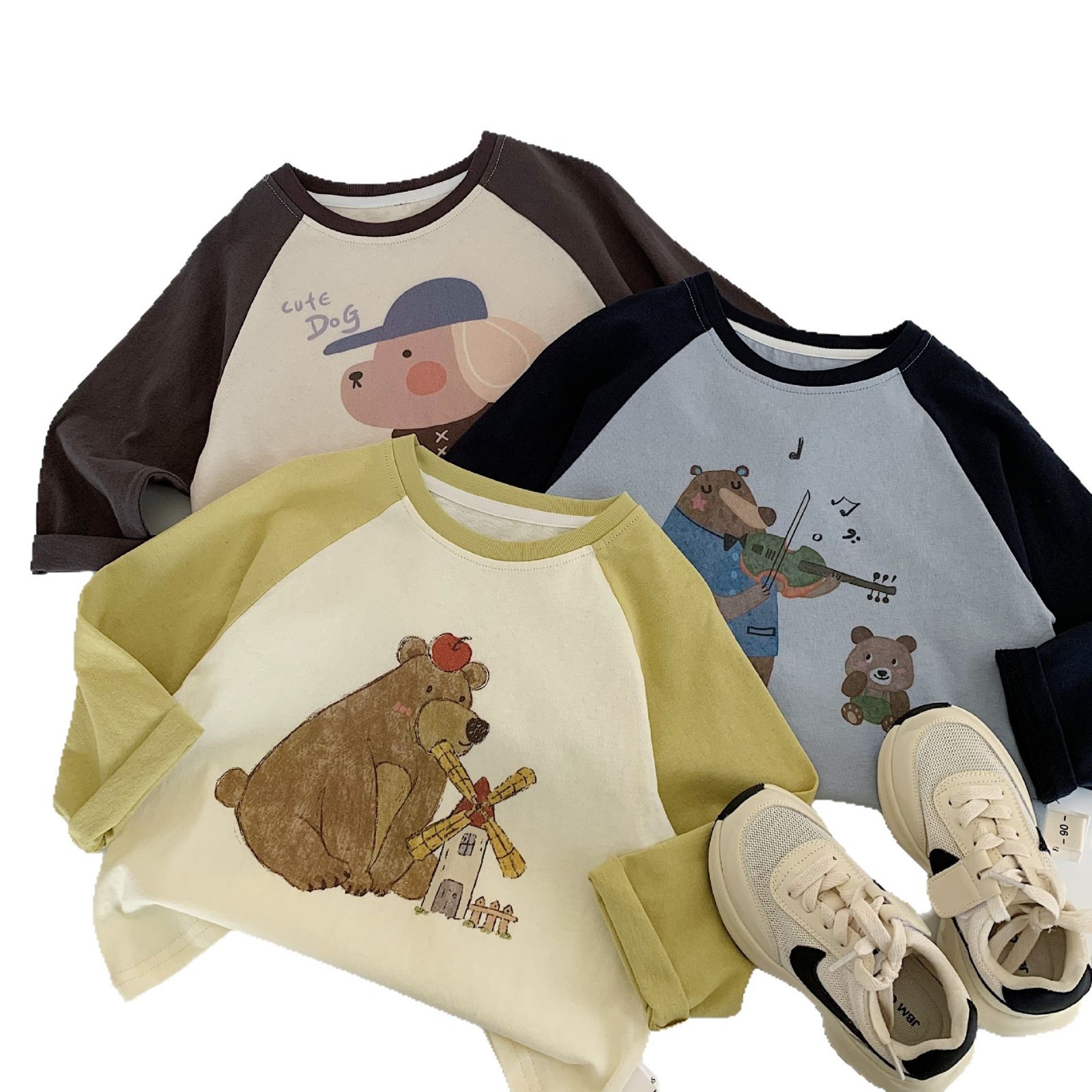 Camiseta para niños Maibao 2025 otoño niños y niñas lindo dibujos animados manga larga cuello redondo top nuevo niño pequeño y mediano todo fósforo t