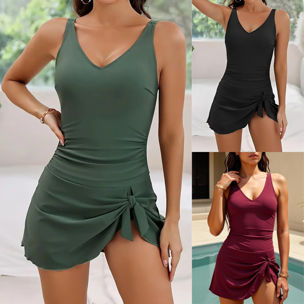 2026 European and American Amazon Cross-Border Foreign Trade New Solid Color Slimming Fabric One-Piece Swimsuit Beach Swimsuit