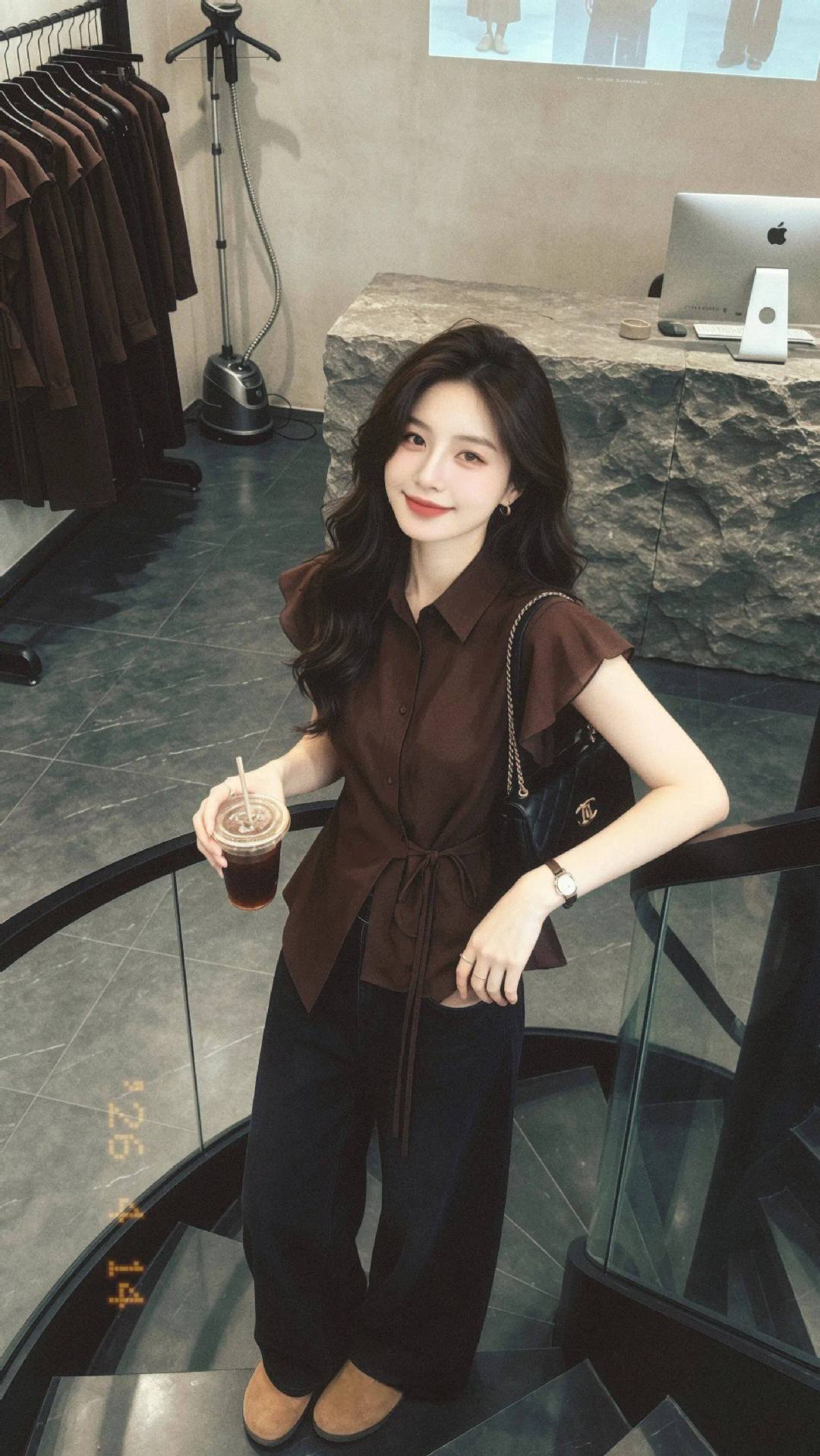Áo sơ mi ngắn tay nữ màu cà phê, thiết kế thắt lưng eo, phong cách thời thượng — Màu ảnh chi tiết 3