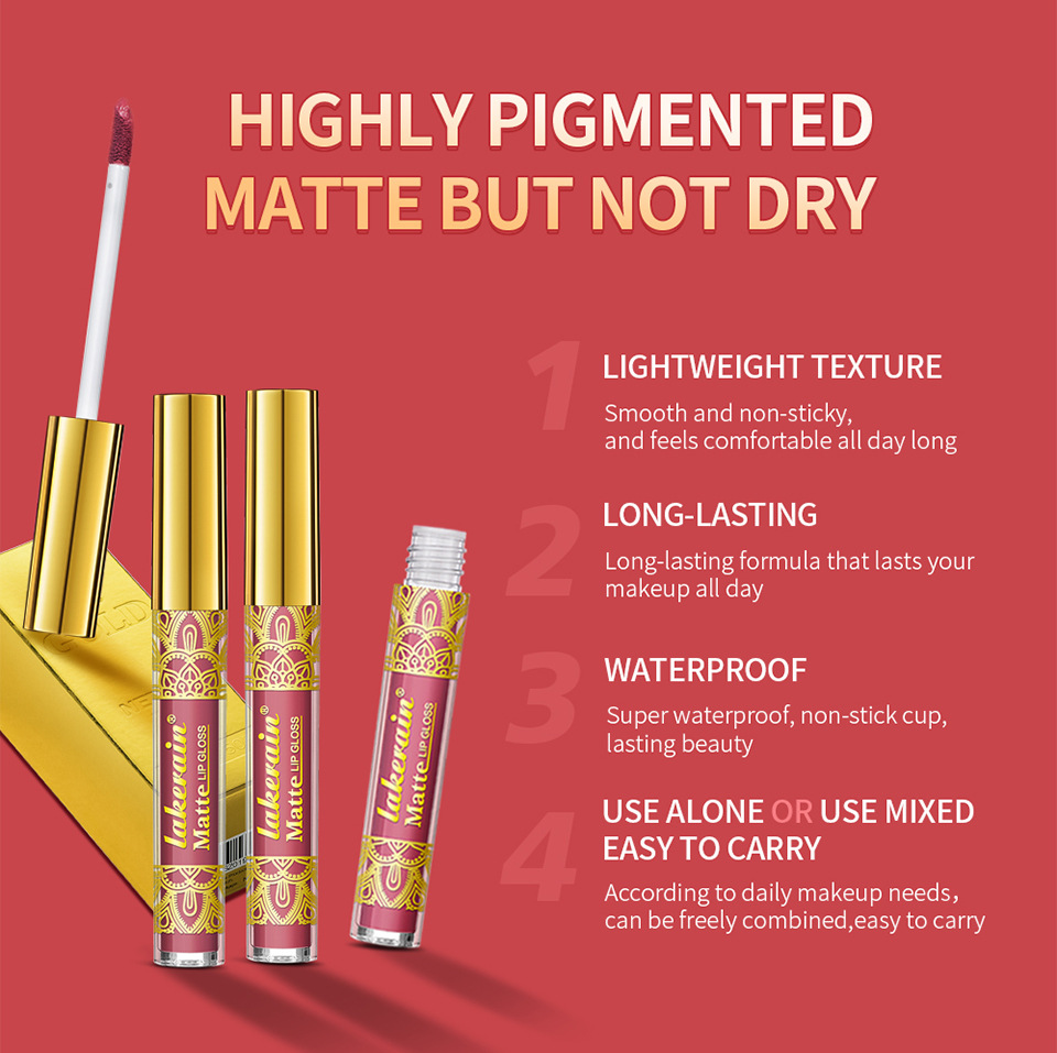 Cross-border lakerain Gold Lip gloss Matte non-Stick Cup Lip gloss Lipstick Three-piece set Item Picture