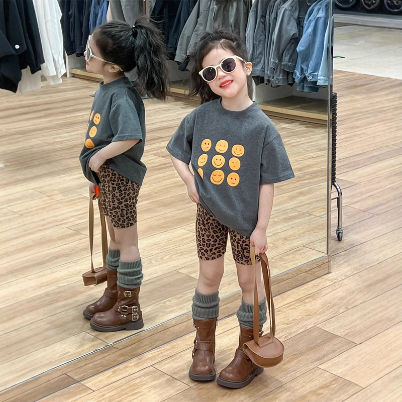 2025 summer new Korean children's clothing girls fashionable cute T-shirt short sleeve leopard print cycling slim shorts