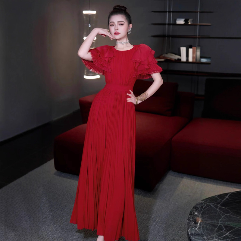 26 New Style Light and Mature Style Princess Sleeve Pleated Dress Long Skirt Layered Lotus Leaf Sleeves Waist Elegant Everyday Versatile 26 New Style Light and Mature Style Princess Sleeve Pleated Dress Long Skirt Layered Lotus Leaf Sleeves Waist Elegant Everyday Versatile