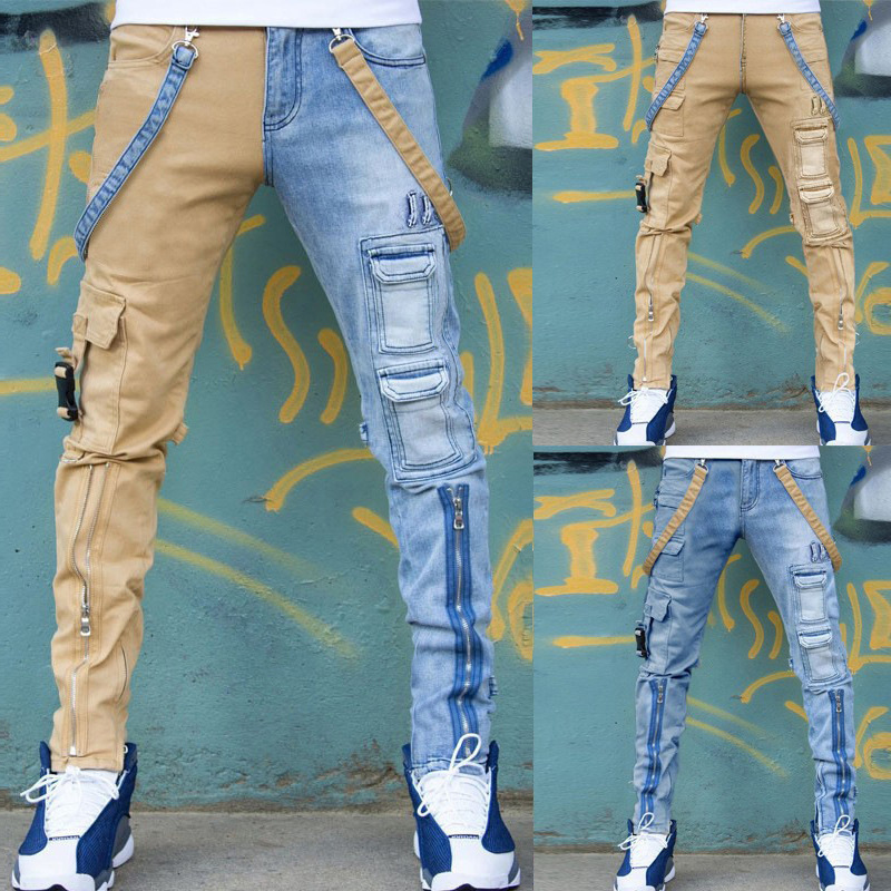Europe and the United States cross-border 2025 new color matching rinse jeans men's fashion brand slim-fit fashion men's zipper tooling jeans
