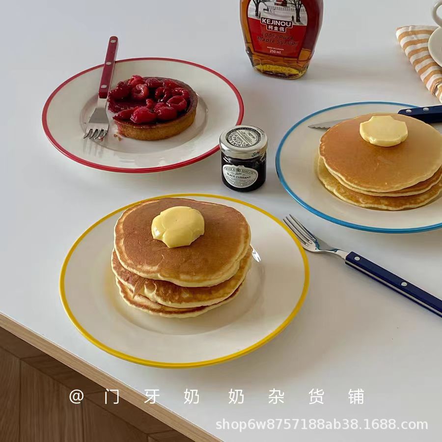 Ins Retro British Style Colorful Line Ceramic Plate Dessert Plate Cake Plate Restaurant Home Ceramic Underglaze Colorful Plate