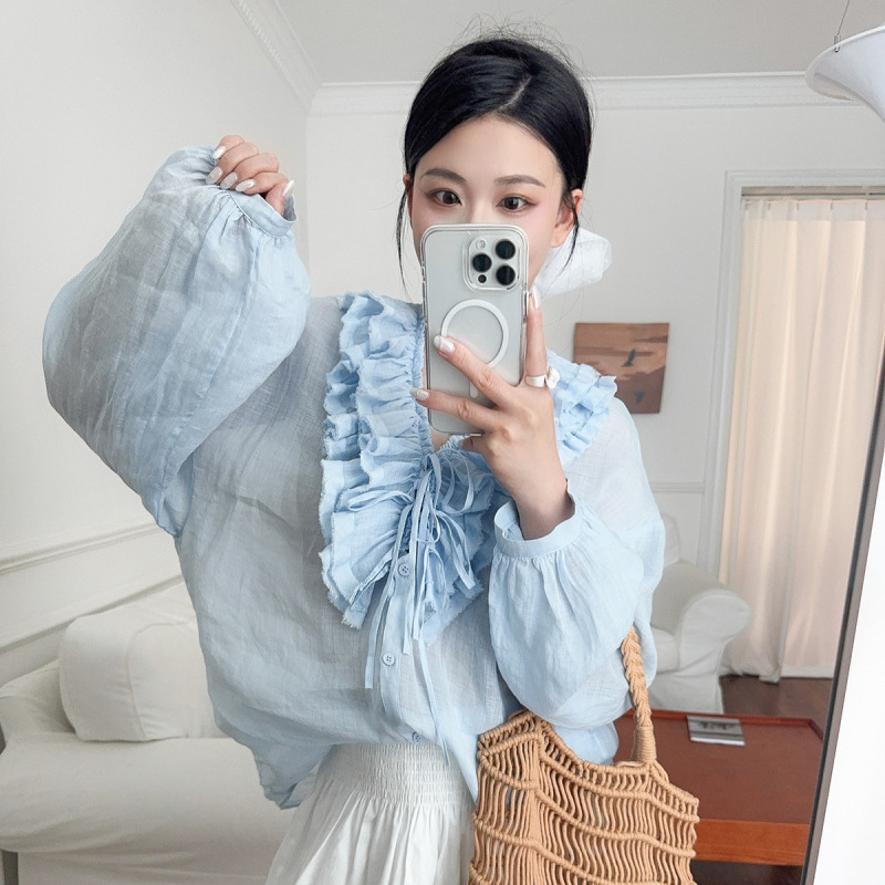 26 Spring/Summer New Long-Sleeve Shirt Romantic Ruffled V-Neck Thin Top Women's Loose Sun Protection Shirt 3J2C4021R 26 Spring/Summer New Long-Sleeve Shirt Romantic Ruffled V-Neck Thin Top Women's Loose Sun Protection Shirt 3J2C4021R