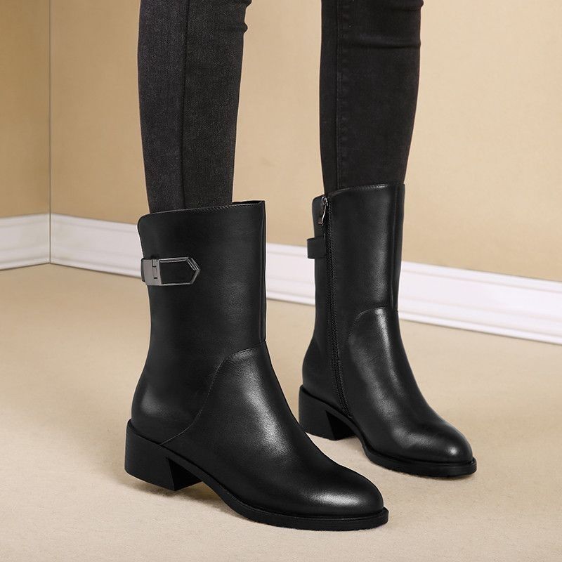 Plus Size Velvet Women's 2024 Mother's Short Boots Women's Mid-Calf Boots Autumn and Winter Flats New Boots Cotton Boots Thick Heels