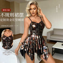 轻奢烫金抽绳吊带裙ins不规则下摆睡衣亚马逊女王范睡裙跨境货源