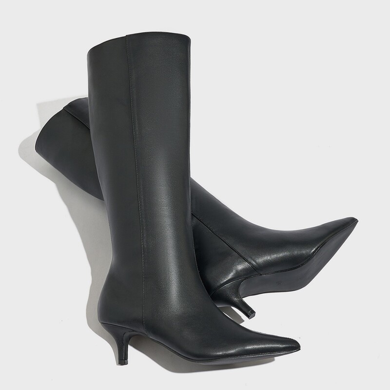 2025 Autumn and Winter New Style French Pointed Toe Kitten Heel Knight Boots Wide Tube Pure Color Boots Women's Straight Fashion Leather Boots