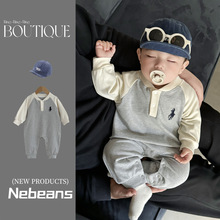 nebeans潮款中性男女宝宝连身衣外出服POLO前开扣长袖哈衣爬服A棉
