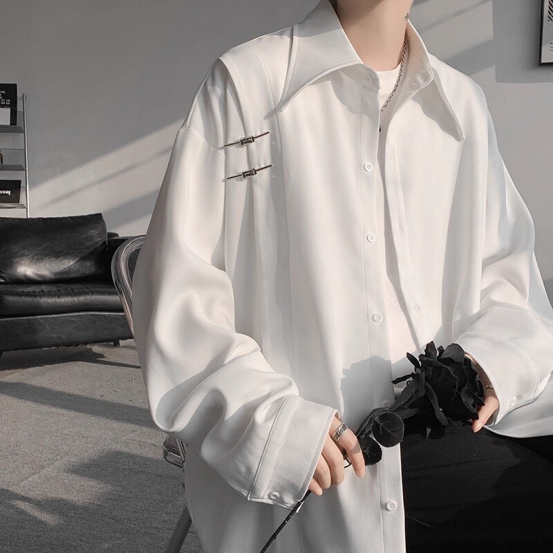 Chinese Style Trendy White Shirt for Men, Autumn New Chinese Style Loose Casual Shirt with a Sense of Design and Metal Button Jacket