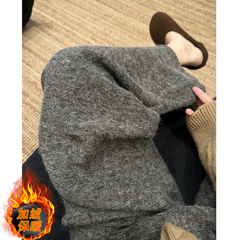 Fleece-Lined Thickened Wide-Leg Pants for Women, Autumn and Winter, Lazy Style, Loose Fit, Plus-Size Maternity Straight Wool Pants