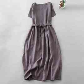 2025圆领短袖裙子新款女长款复古宽松长裙纯色文艺