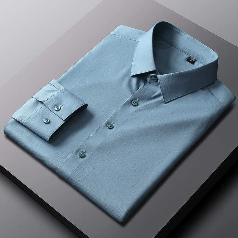 Новая весенняя новая мужская эластичная рубашка из бамбукового волокна, мужская тонкая однотонная деловая повседневная рубашка без складок и без глажки