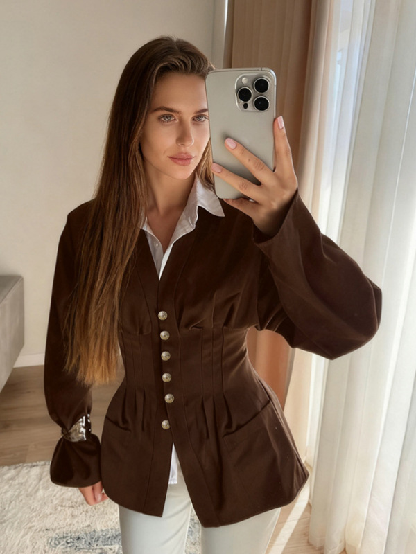 小香风欧美跨境欧美设计感修身收腰复古压褶显瘦开衫女早秋薄外套|undefined