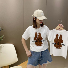 网红兔子亲子装一家三四口夏装个性母子母女装高级感凸印短袖t恤