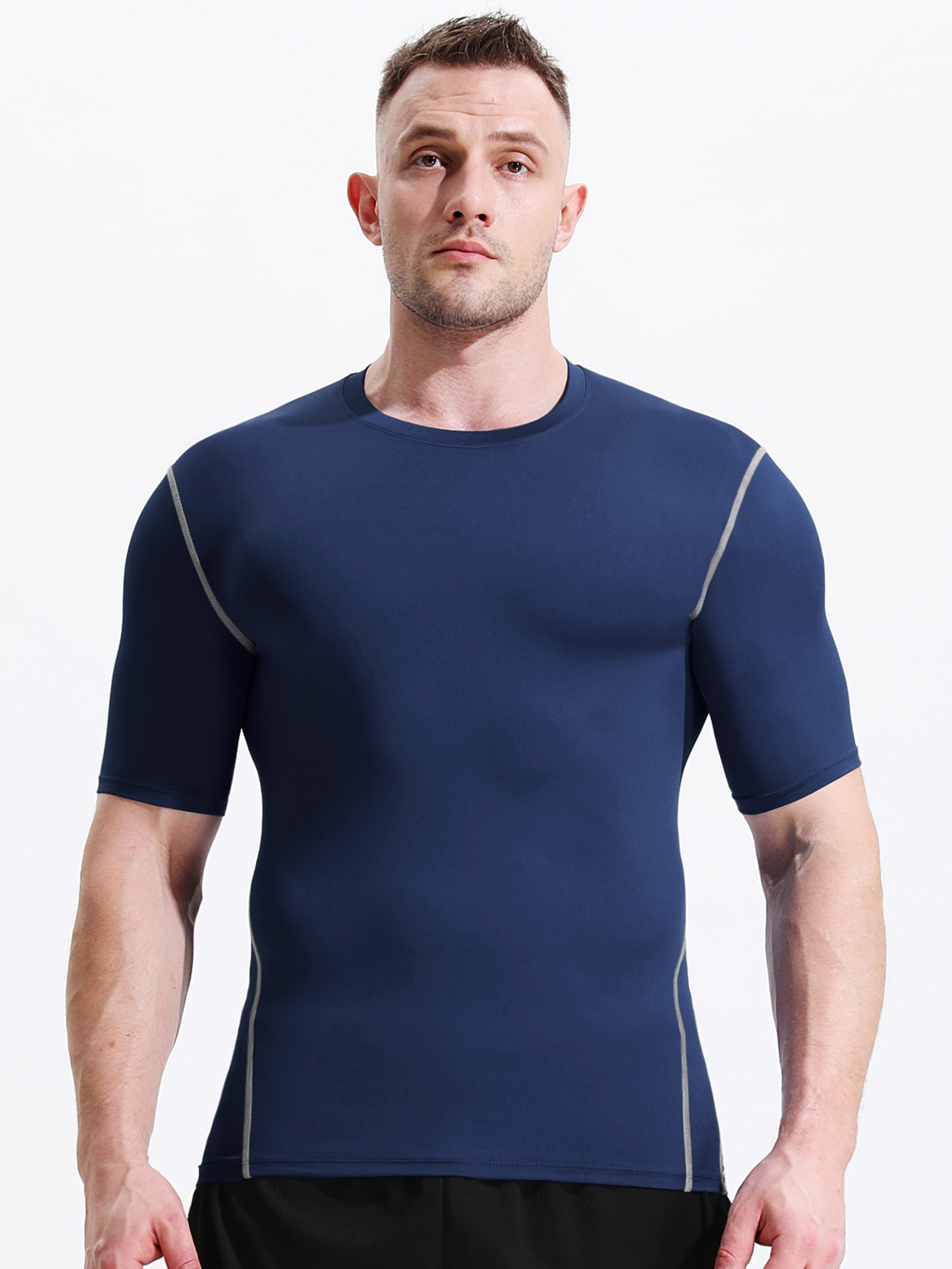 Camiseta deportiva de hombre, camiseta delgada con mangas cortas de verano de color sólido de alta elasticidad deportiva, ropa de ejercicio casual para correr image 6