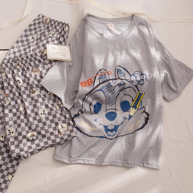 Pajamas girls' summer three-piece suit spring and autumn thin summer cotton short sleeve cute squirrel Net red style home wear