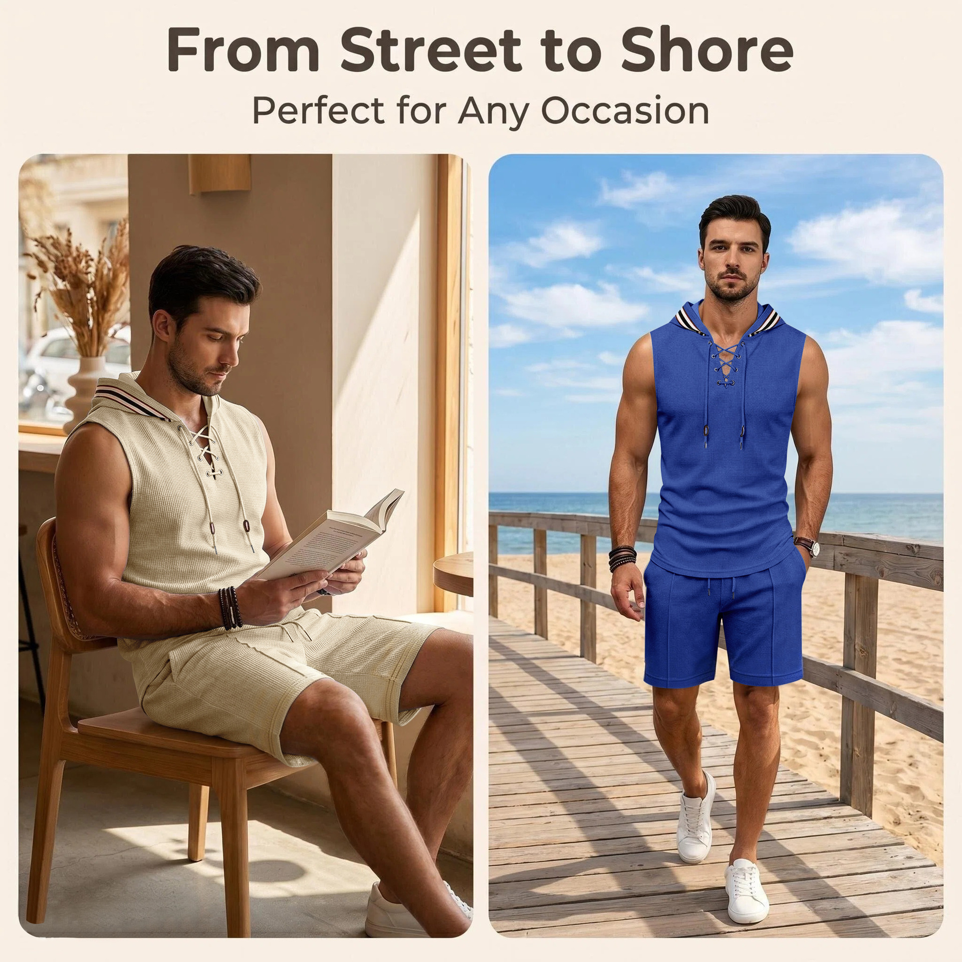 Men's Summer Hooded Vest And Shorts Set, Casual Loose Fit Breathable Athletic Two-Piece Outfit With Color Block Design_viptrois.com