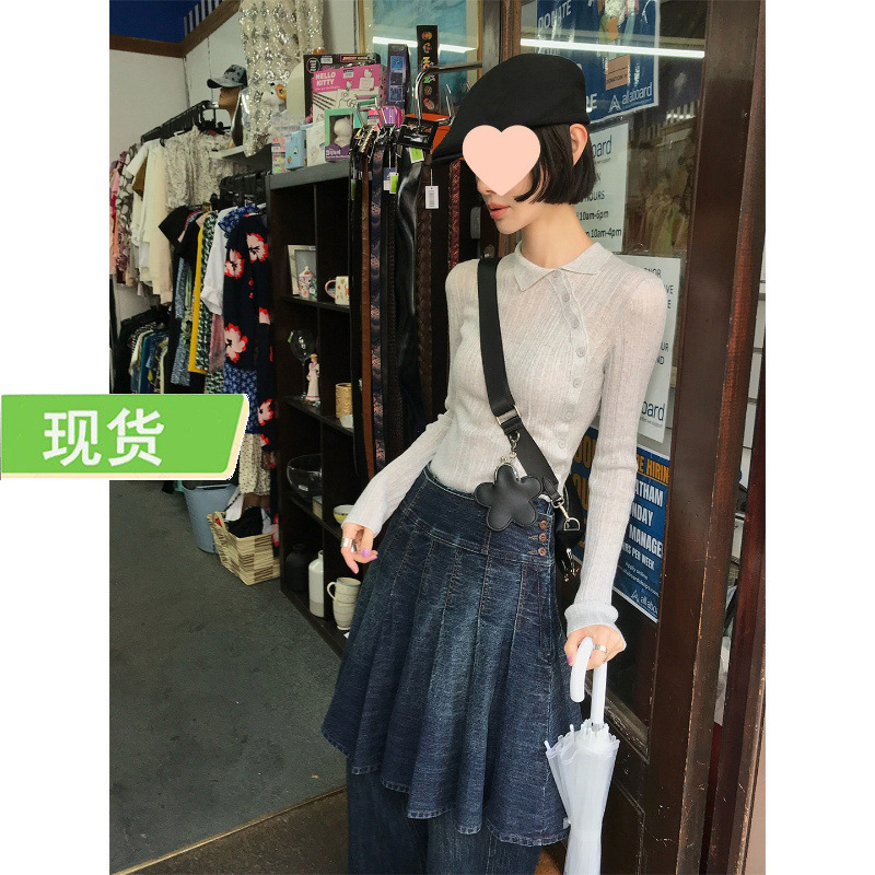 Mona Zhang's asymmetric cut designer knitwear/wool blend spicy girl style asymmetrical polo collar base shirt
