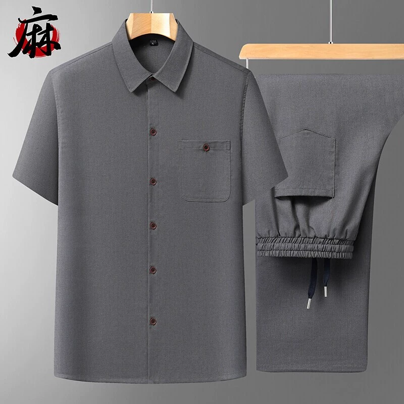 29763 Летняя льняная рубашка из ледяного шелка с короткими рукавами для мужчин среднего и пожилого возраста, дедушки и папы, свободная льняная рубашка P68