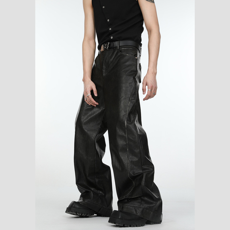 2025 Retro Niche Deconstructed Three-Dimensional Black Leather Pants for Men, Loose Straight Casual Long Pants with a Vintage Wash and Floor-Length Design