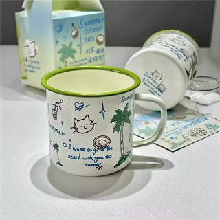 新款卡通搪瓷杯椰树猫创意大容量早餐咖啡户外露营法琅水杯子批发