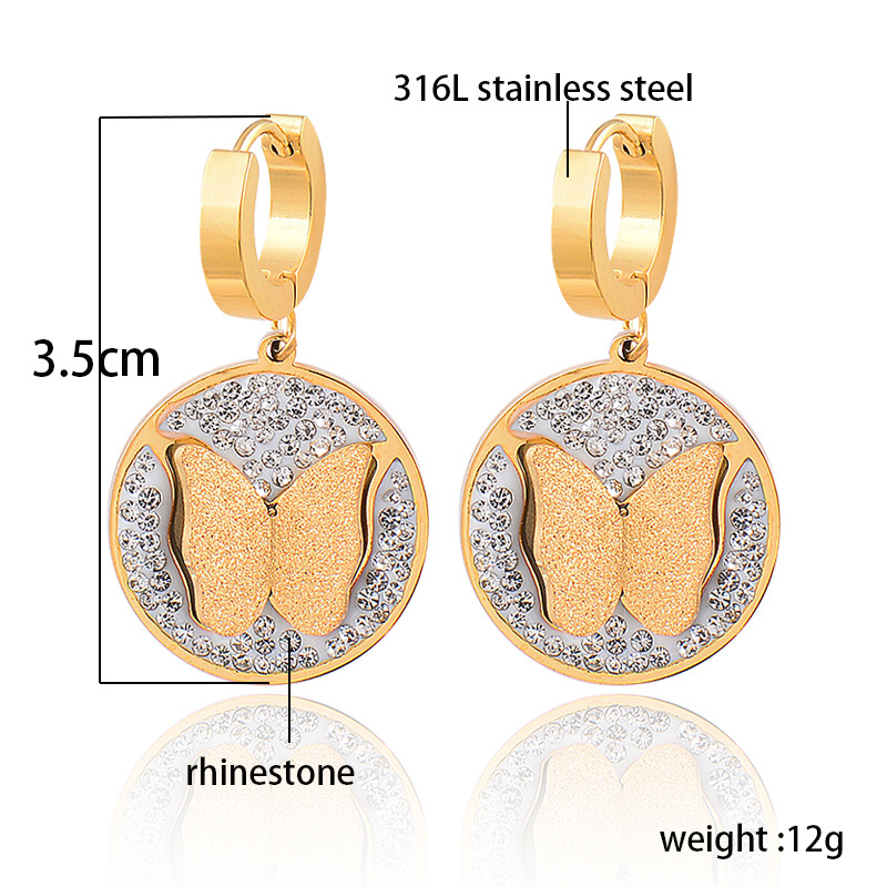 Fashion Butterfly Titanium Steel Inlay Rhinestones Drop Earrings 1 Pair
