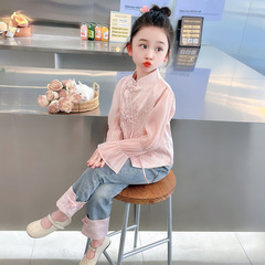 女童春秋裝國潮風套裝2024新款小女孩中國風上衣時尚牛仔褲兩件套
