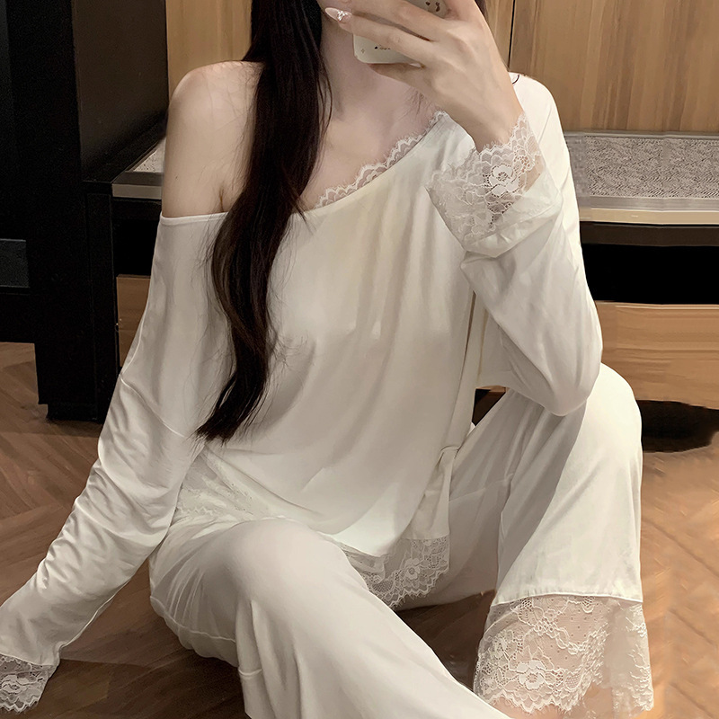 French-Style Modal Pajamas for Women, Spring and Autumn Pullover Long-Sleeve Top and Long Pants, Off-Shoulder, Gentle Lace, Pure Desire Style Loungewear Set